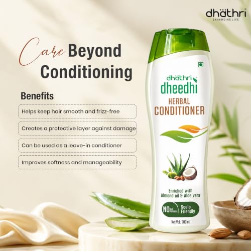 Image of Dhathri Dheedhi Herbal Conditioner with Coconut Oil, Amla & Tulsi | Ayurvedic Herbal Leave-In-Conditioner for Smooth, Frizz-Free Strong Hair | Sulfate & Paraben Free | All Hair Types, 200ml