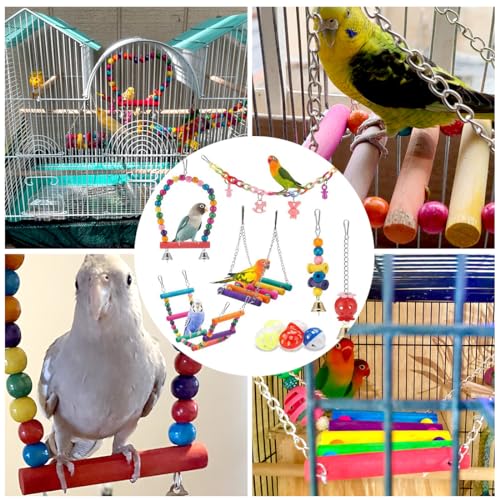 Voyyphixa 11 peças de brinquedos de pássaros para periquitos, gaiola de poleiro de pássaro, brinqued