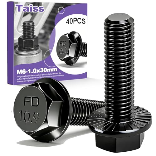 Image of Taiss 40PCS M6-1.0 x 30mm Metric Flange Hex Head Bolts,Hex Drive Screws 10.9 Black Zinc Plated Alloy Steel,m6x1.0 Bolt,Full Thread Hex Bolts