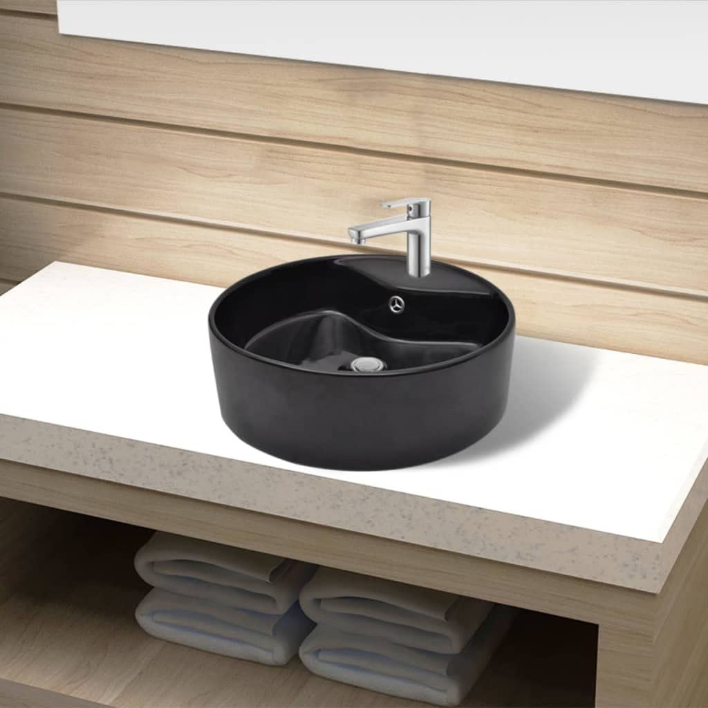 vidaXL Lavabo Redondo Moderno con Agujero de Grifo y Desagüe Cerámica Negro