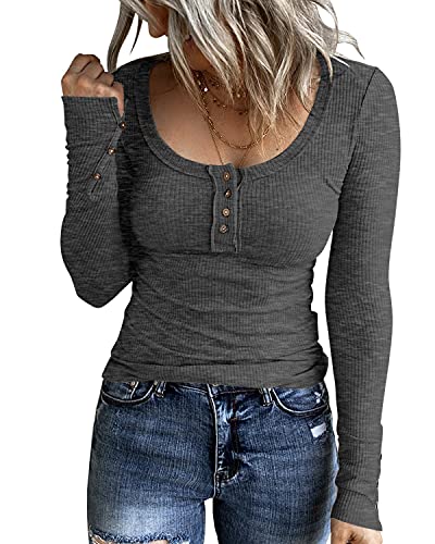 KINLONSAIR Womenâ€™s Long Sleeve Henley T Shirts Button Down Slim Fit Tops Scoop Neck Ribbed Knit Shirts