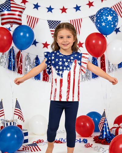 Image of Toddler Girls July 4th Shirts American Flag Ruffle Short Sleeve Patriotic Red White Blue Star Outfits Blouse Tops