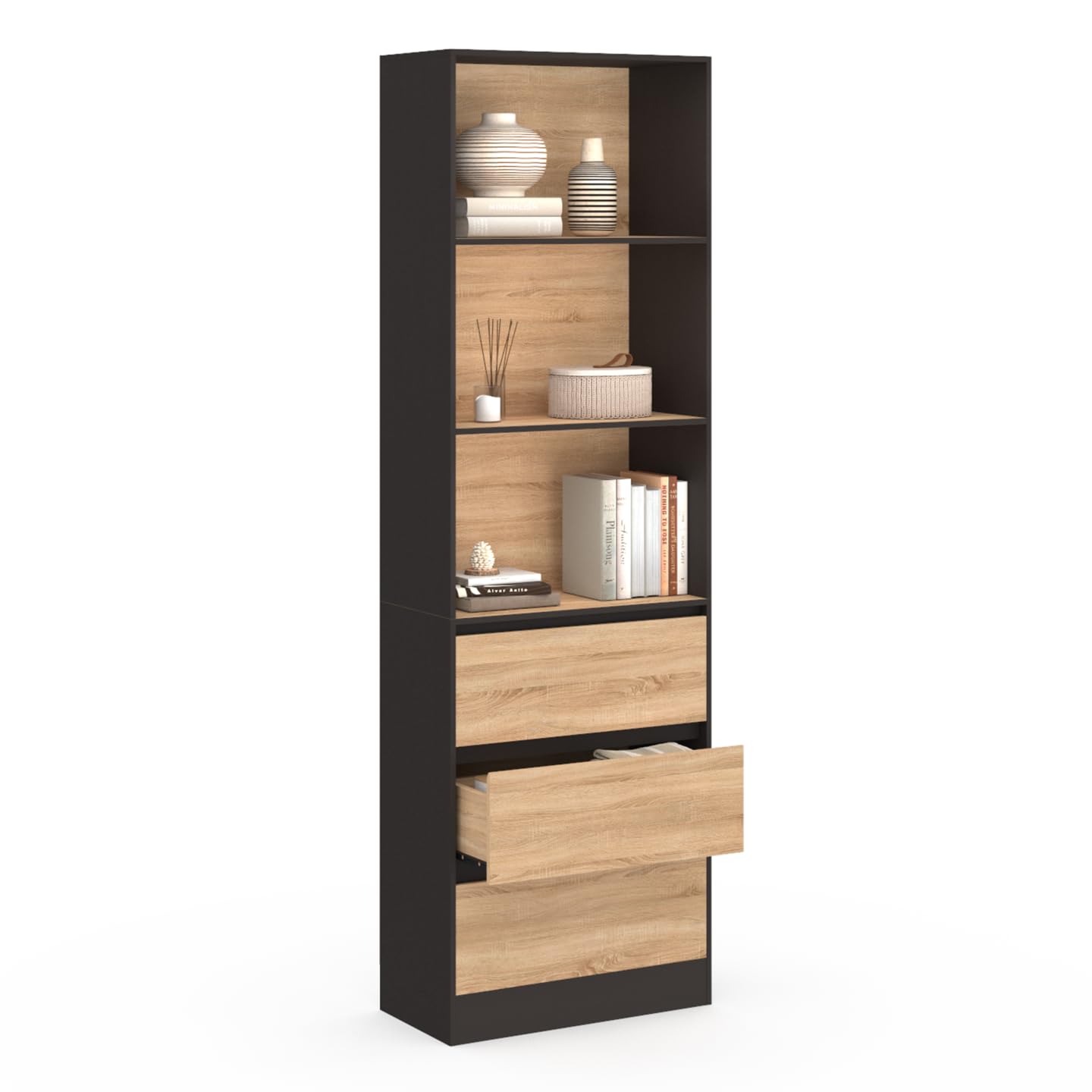 IDMarket – Estantería CARLA, 3 niveles con 3 cajones negros y efecto madera, 190 cm de altura