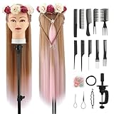 Trainingsköpfe, 28 inch Übungskopf Frisierkopf Friseur 100% Synthetikfaser-Haar Styling Kopf Frisierkopf für Frisöre mit kostenloser Klemme und DIY Flechtset (Braun Rosa)