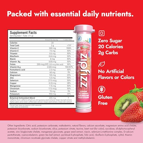 Image of Zipfizz Daily Energy Drink Powder, Strawberry Kiwi, 20 Pack | 3-in-1 Sustained Energy, Rapid Hydration, and Essential Vitamins | Sugar-Free | Electrolyte Powder | Contains Vitamin B-12 & Antioxidants