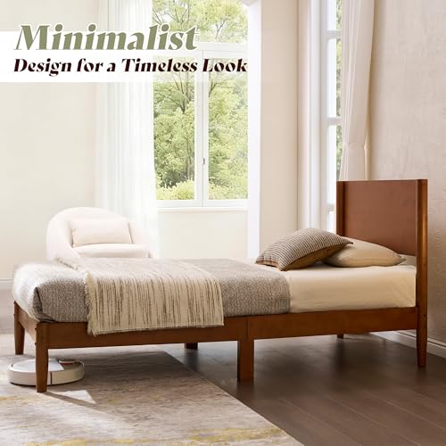 Image of AMERLIFE Solid Wood Twin Bed Frame, Mid Century Bed with Headboard, Brown