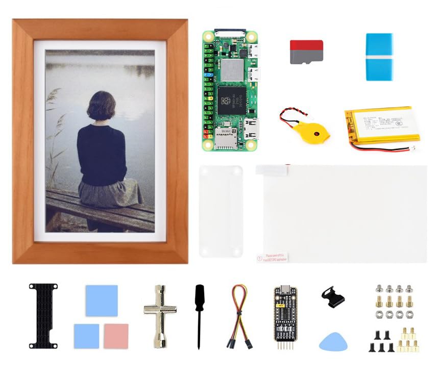 7.3inch E6 Full Color E-Paper with Solid Wood Photo Frame for Raspberry Pi Zero, Ultra-Long Standby, 800 × 480 Resolution, with Raspbery Pi Zero 2 WHC and Batt.