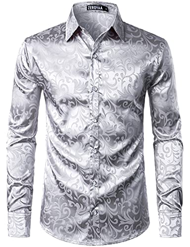 ZEROYAA Mens Luxury Jacquard Long Sleeve Dress Shirt Shiny Satin Slik Like Wedding Party Prom Shirts ZLCL27-Silver Large