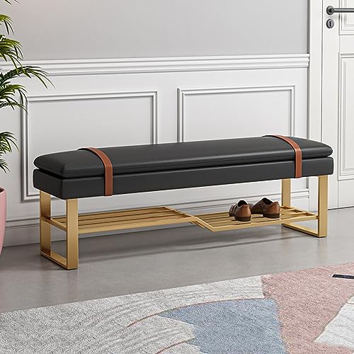 Banco para zapatos, moderno almacenamiento para entrada con asiento acolchado, piel sintética impermeable, taburete rectangular, marco de metal dorado