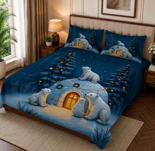 Image of 7D Digital Printed King Size Bedsheet | 240TC Premium Cotton Feel Microfiber with 2 Pillow Covers | Soft Breathable & Wrinkle Free Bedding Set | (Bluebear, King Size-225x250CM)