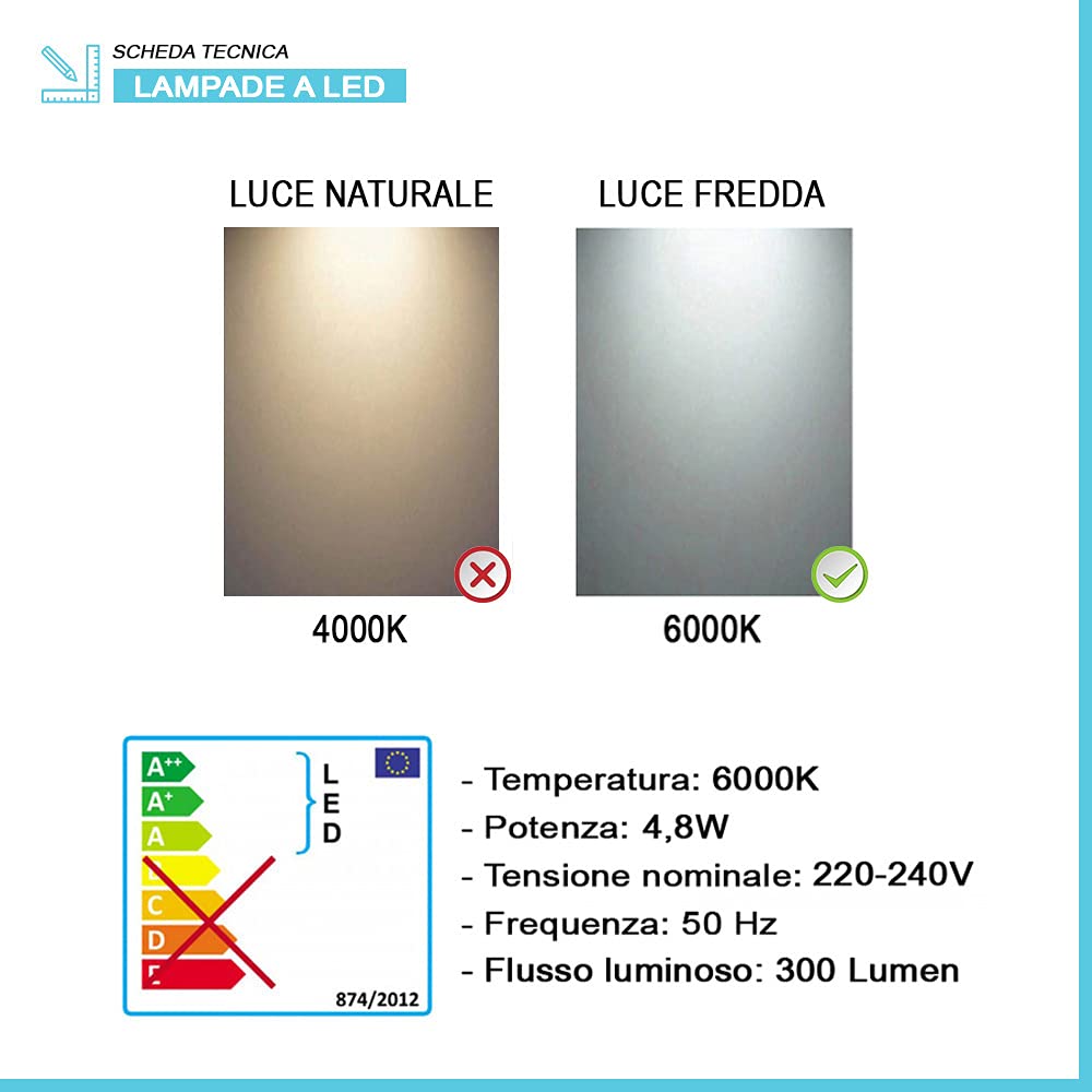 Inbagno Specchio Bagno 70x90 cm con Lampada, Installazione Reversibile, Completa di LED Luce Fredda 30 cm a Risparmio energetico