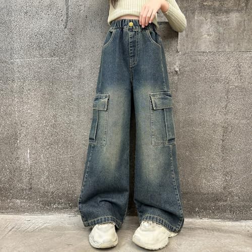 Girls Cargo Jeans-Elastic Waistband Wide Leg Y2k Pants with Big Side Pockets, Baggy Jeans for Girls Dark Blue by Generic - Image 2