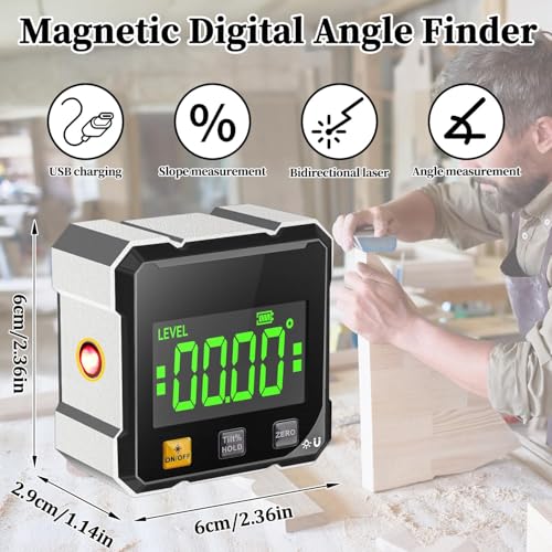 Digitaler Winkelmesser mit Laser, 4-Seitiger Magnetischer Wasserwaage Digital Magnetisch mit Elektronischem Laser Wasserdicht Winkelmessgerät für Holzarbeiten.