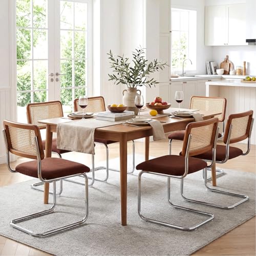 Image of Zesthouse Rattan Dining Chairs Set of 6, Mid Century Modern Dining Room Chairs with Natural Cane Mesh & Chrome Base, Brown Cesca Chair Chenille Fabric, Farmhouse Kitchen Chair with Solid Wood Back