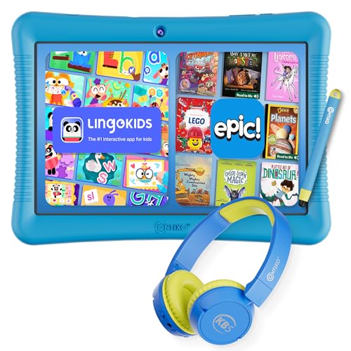 Image of Contixo K102 10 inch Kids Tablet Bundle - Wireless Kids Headphones, 32GB, Learning Educational Apps, Parental Controls, Dual Cameras, Shockproof Case with Kickstand & Stylus, Ages 3-7 - Blue