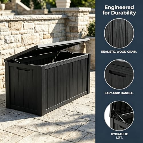 Image of 178 Gallon Resin Deck Box with Gas Lift Support - Outdoor Storage for Patio Furniture, Garden Tools & BBQ Accessories - Weatherproof Wood Grain Design with 660 Lbs Bench Seat (Lockable Lid)