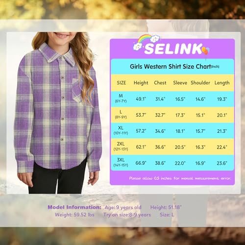 Image of SELINK Girls Long Sleeve Flannel Buffalo Plaid Button Down Shirt | Soft Flannel Fabric,Classic Buffalo Plaid Button Down Collared Blouse For Girls Casual Daily Outfits