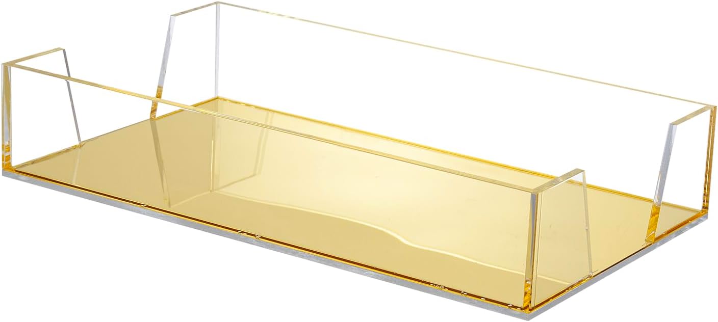 MyGift Modern Metal Wire Bathroom Paper Hand Towel Holder in Brass Tone Finish, Guest Bathroom Countertop Vanity Disposable Folded Trifold, C-fold, (Clear)