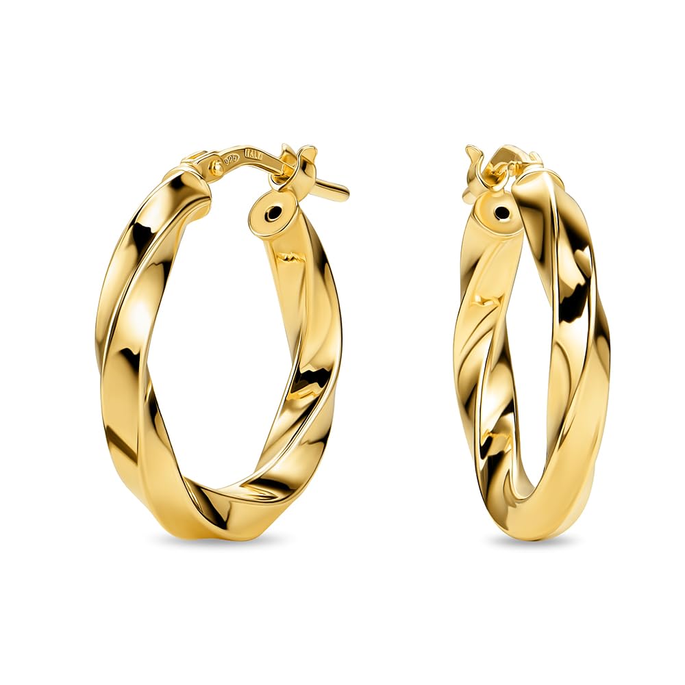 Orovi Pendientes de aro para Mujer Plata de ley 925 bañada en oro de 18 quilates Pendientes dorados con diseño a torciglione de 15mm Cierre de bisagra Fabricado en Italia Entregado en Joyero