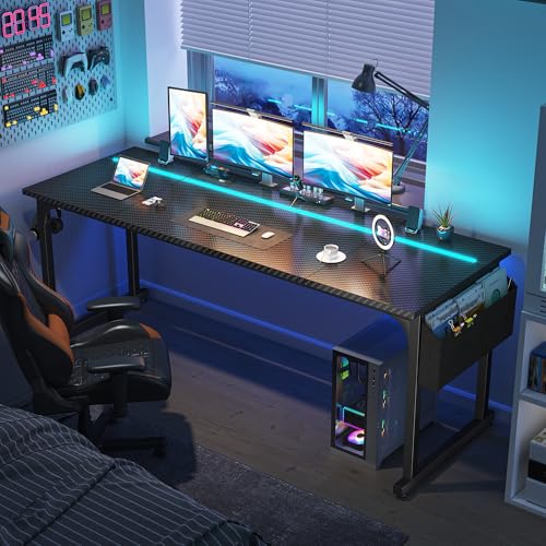 Image of DurayLoly 71 inch Gaming Desk with LED Lights, Large Office Desk for 3 Monitors or 2 laptops,Long Desk with Storage Bag&Headphone Hook for Study Writing Work Wood Desk,Sturdy Metal Frame,Black
