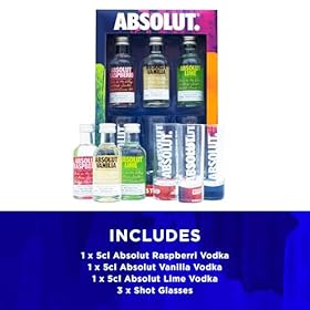 Absolut Vodka Gift Set – Flavoured Vodka, 3x 5cl Vanilla Vodka, Raspberry Vodka, Lime Vodka Alcohol Miniatures, x 3 Mini Vodka Shots Glass, Alcohol Gift Set – Birthday Vodka Gifts for Men and Women