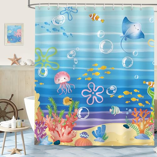 hometrixx Enfants Océan Rideau de Douche 180x200cm Méduse Poisson Bulles Corail Herbe Marine Rideaux de Baignoire Tissu Polyester Imperméable pour Salle de...