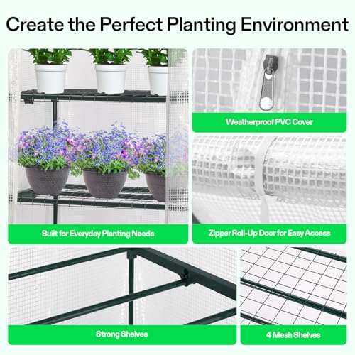 Image of VIVOSUN Mini 4-Tier Greenhouse with Wheels, 27 x 19 x 63-Inch Reusable Portable Warm House with White PE Cover and Shelf for Compact Garden and Small Backyards, with Wheels