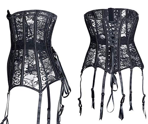 Miracle Women Corset Dress Gothic Steampunk Overbust Satin Plus Size Bustier Burlesque Costume (Black) #TOP3