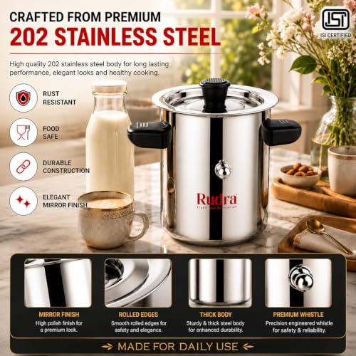 Image of Rudra Stainless Steel Long Milk Boiler 1L | Double-Walled Spill-Proof Design | Induction & Gas Compatible Milk Pan | Rust-Free 202 Grade Steel with Whistle Indicator