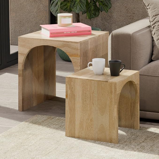 Relso Arch Duo Solid Mango Wood Nesting Tables for Living Room Set of 2 | Stylish Sustainable Design Nesting Side Tables | Unique Arched Cutouts