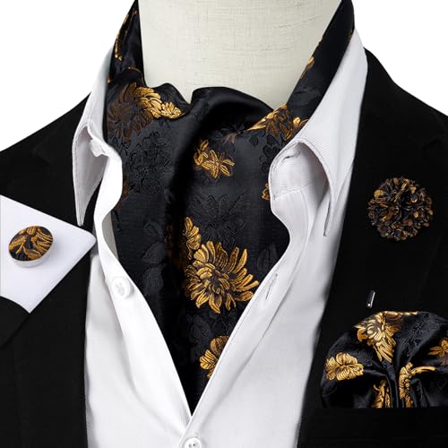 Image of DiBanGu Mens Silk Ascot Ties Paisley Jacquard Woven Cravat and Pocket Square Cufflinks with Lapel Pin for Business Wedding