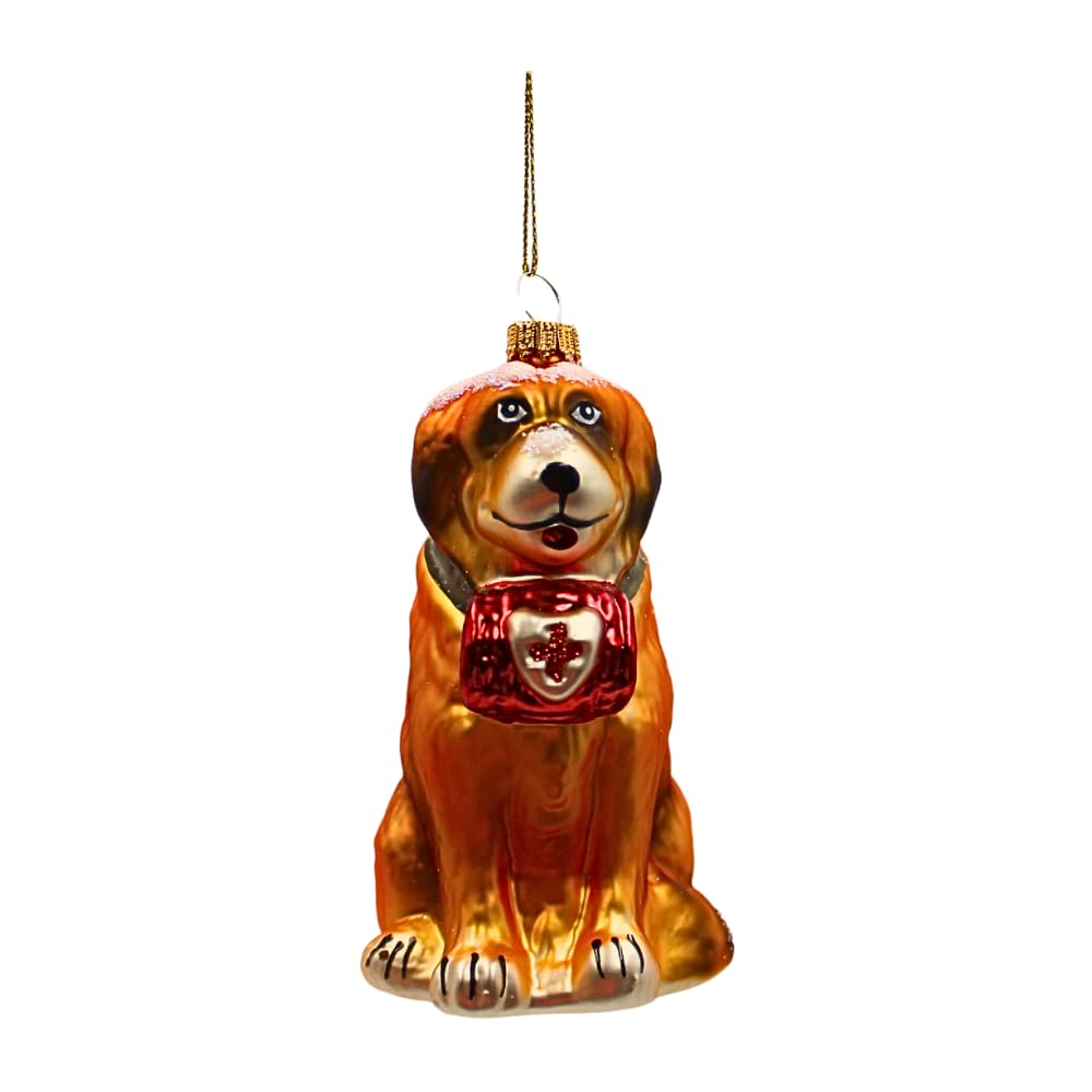 Dekohelden24 Lauschaer Décoration de Noël - Boule de Noël Lauscha en Verre - Décoration de Sapin de Noël - Décoration en Verre Saint Bernard - Marron - en Lauscha - L x l x H 6 x 9 x 11 cm