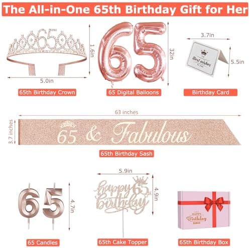 65th Birthday Decorations for Women, Including 65th Birthday Sash and Crown, Cake Topper and Candles, Number Balloons Rose Gold, 65 Year Old Gifts for Women — view 5