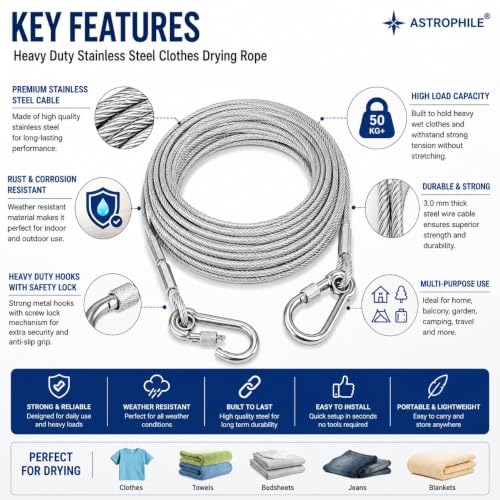 Image of Heavy Duty Clothes Drying Rope 5 Meter with Hooks | Strong Steel Clothesline for Balcony, Bathroom, Travel & Camping | Rust-Resistant Durable Cloth Line for Indoor & Outdoor Use (Silver), free