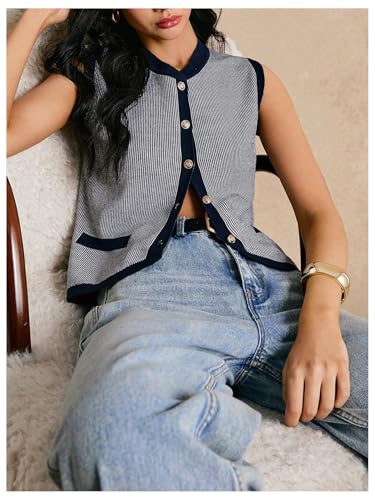 MakeMeChic Women's Contrast Binding Striped Sweater Vest Button Down Sleeveless Sweaters4