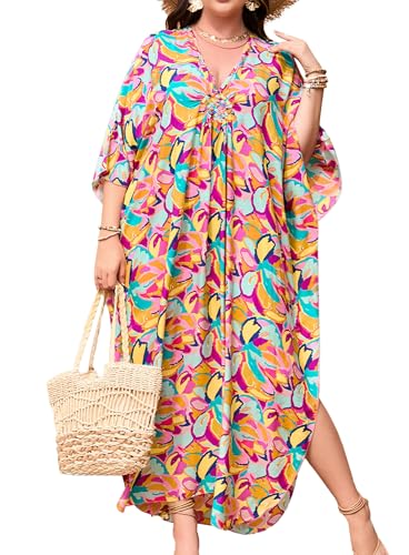 Women's Plus Size Tropical Kaftan Dress V-Neck Batwing Sleeve Beach Cover Up for Swimsuit Vacation Caftan Dress