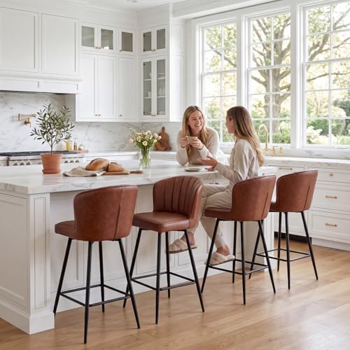 Image of EALSON 26 Inch Counter Height Bar Stools Set of 4 Leather Counter Stools with Back Modern Comfortable Bar Chairs with Metal Footrest Upholstered Kitchen Island Stools for Home Bar Dining Room, Brown
