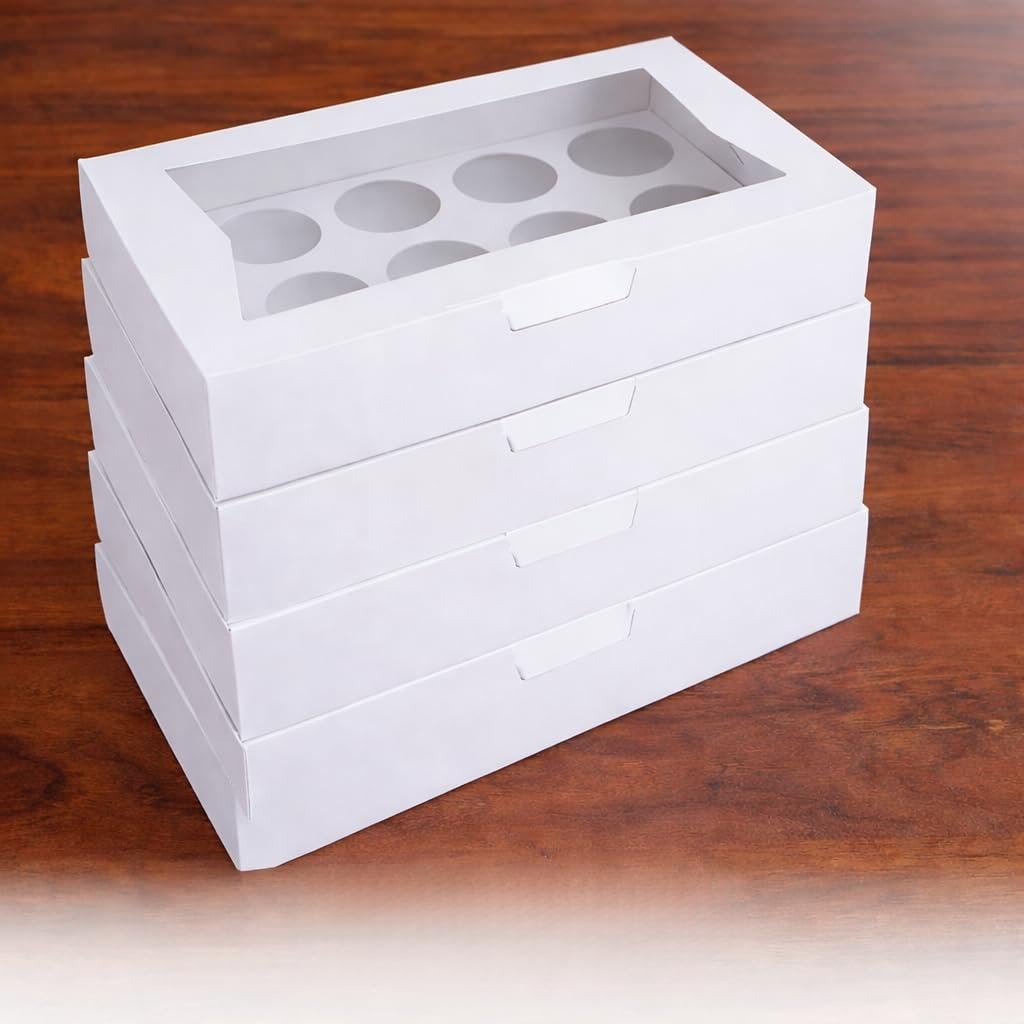 E White Cupcake Boxes with Window and Insert, 12 Slots, Cardboard Bakery Boxes for Carrying and Displaying Muffins (Pack of 5)