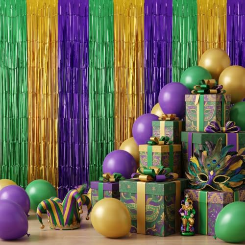 Image of TONIFUL 2Pcs Green Gold Purple Metallic Tinsel Foil Fringe Curtain Streamer