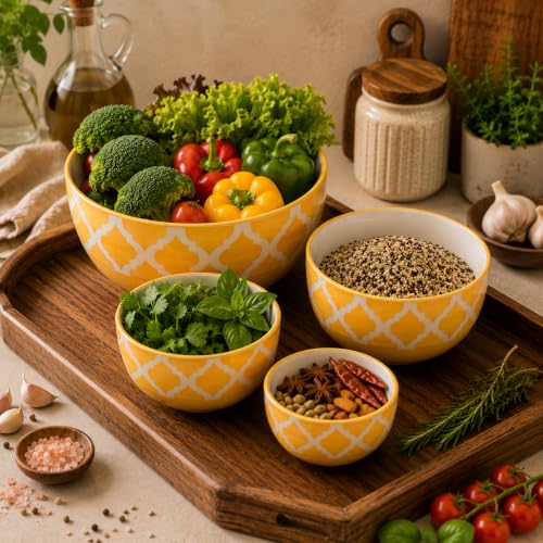 Image of Ceramic Mixing Bowl Set - 4 Pieces (1500ml, 800ml, 600ml, 400ml), Yellow - Durable, Microwave & Dishwasher Safe - Ideal for Mixing, Serving & Storage