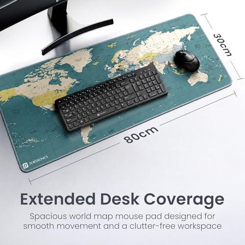 Image of Portronics Comfipad Atlas World Map Desk Mat 80x30cm Extended Mouse Pad with Anti-Slip Rubber Base, Stitched Edges, Smooth Fabric Surface, Waterproof, Rollable Desk Pad for Office, Gaming, Blue
