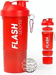 Coqueteleira Shaker Academia 3 Compartimentos para Suplementos com Misturador Integrado, 500ml, Vermelho