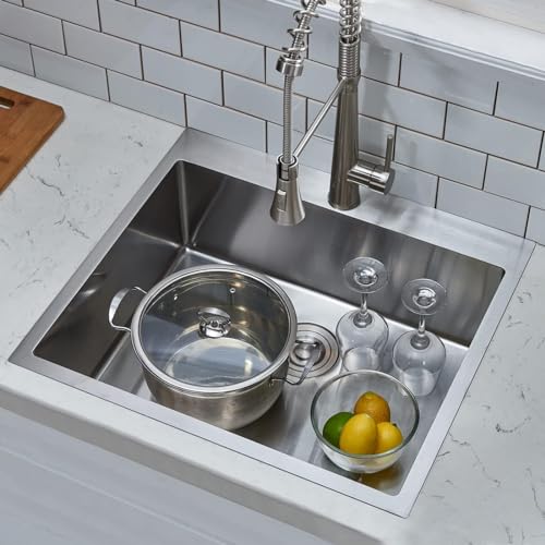 Image of 25 Inch Drop In Kitchen Sink, 25x22 Inch Topmount Stainless Steel Single Bowl Bar RV Laundry Utility Outdoor Wet Prep Small Sink with Drain