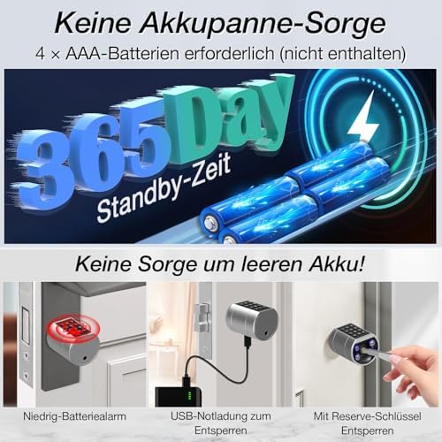Bild 4 - Anweller Türschloss Fingerabdruck, Elektronisches Türschloss Haustür Code Smart Lock SchließZylinder 60mm mit 2 Schlüssel, 2 IC-Karte, für Türen von 65-90 mm