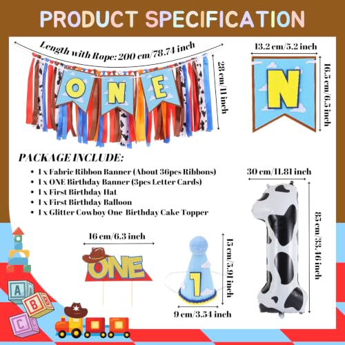 Image of Cartoon Toy Highchair Banner for Baby First Birthday Party Decorations Blue Sky With Clouds High Chair Tassel Banner for Boys Girls Western Cowboy 1st Birthday Photo Props Backdrop Decoration