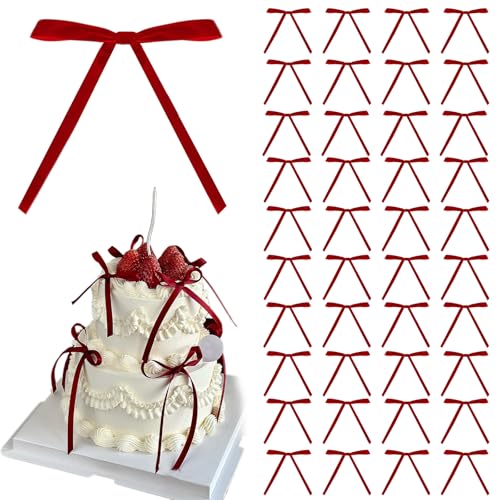 LUFFLOK 40 Pcs Red Bows for Cakes Ribbon Bows Cakes Topper Decorations