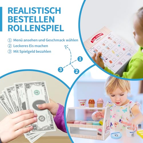 Eisdiele Kinder Holz, Kinderküche Zubehör ab 3 Jahre, Holzspielzeug Spielküche Zubehör, Eisladen Kinder Holz Einkaufsladen, Montessori Spielzeug Weihnachten Kinderspielzeug für Jungen Mädchen