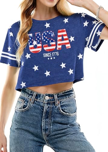 Image of MYHALF Women USA Flag 250th Patriotic 4th July Memorial Day Crop Shirt
