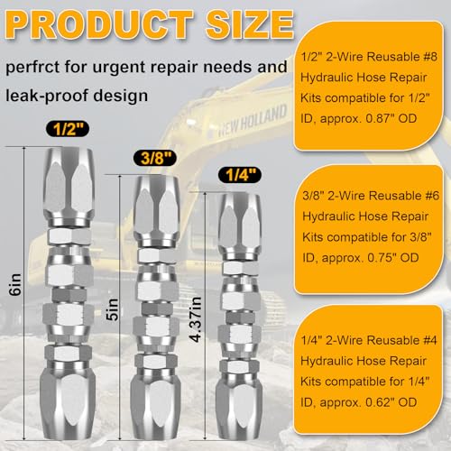 Image of 3Pack Hydraulic Hose Repair Kit, Reusable 1 /4 inch, 3 /8 inch, 1 /2 inch Inner Diameter Hydraulic Hose Quickly Field Repair Fitting Compatible with SAE 100R1 1-Wire and SAE 100R2 R16 R17 R19 2-Wire Hydraulic Hoses