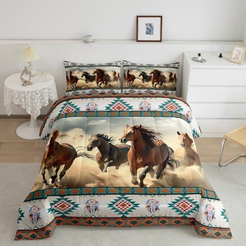 Feelyou Horse Comforter Full Size for Kids, Running Horse Comforter Set Galloping Horse Bedding Set Brown Horse Duvet Set Microfiber Bed Set